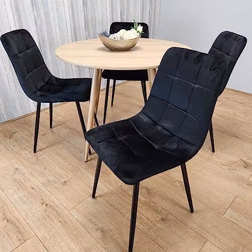 KOSY KOALA Round Oak Dining Table and 4 Black Velvet Chairs Set, W/D/H: 90 x 90 x 75 cm – 2