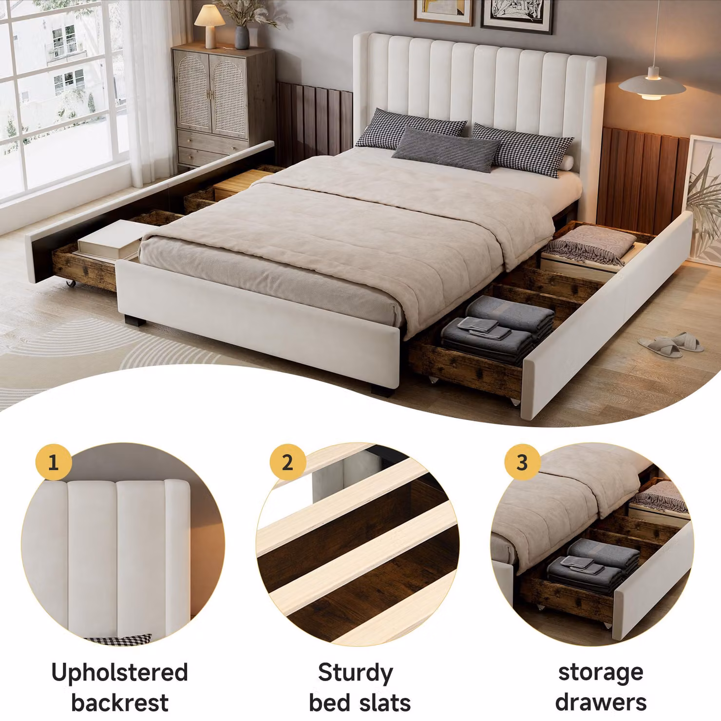 Aosom UK Beige Velvet Upholstered Double Storage Bed with Soft Padded Headboard and Drawers, W/D/H: 142 x 200 x 118.5 cm – 3