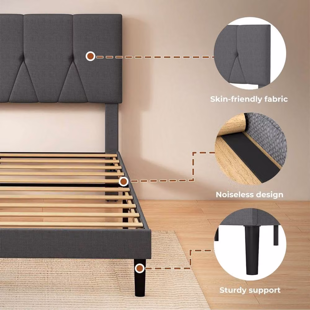 VOGREX King Size Linen Upholstered Bed Frame in Grey, W/D/H: 180 x 200 x 154 cm – 3