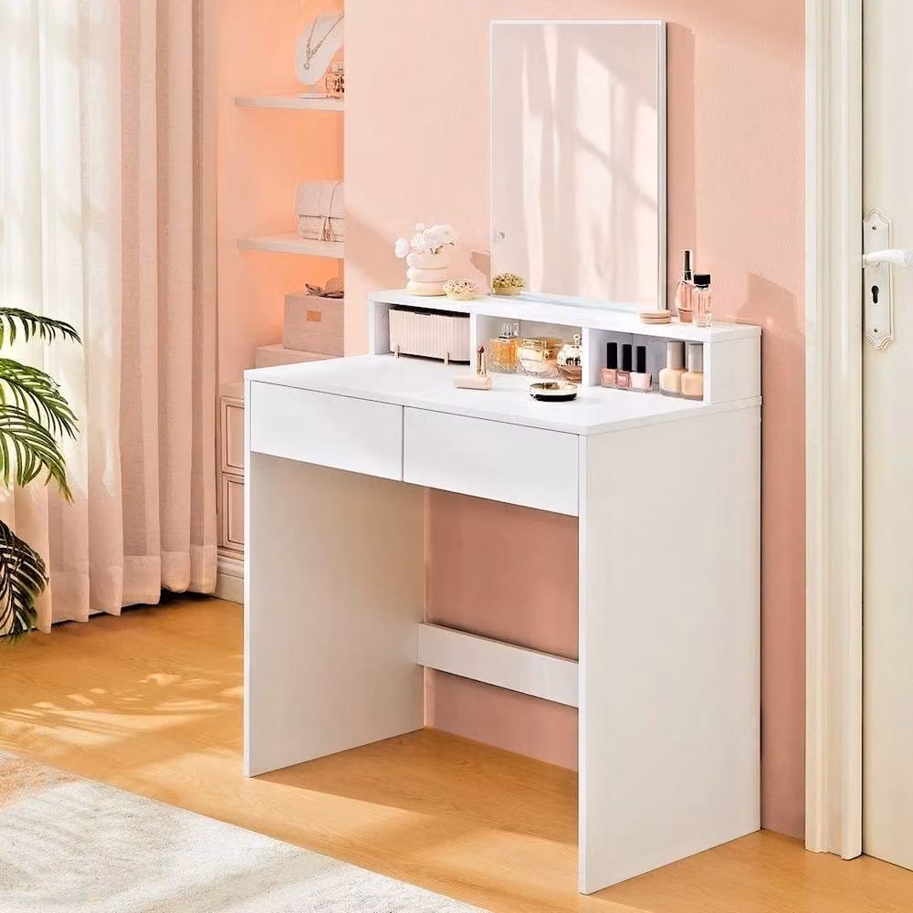 VOGREX White Dressing Vanity Desk with Large Mirror and 2 Drawers, W/D/H: 140 x 80 x 40 cm – 2