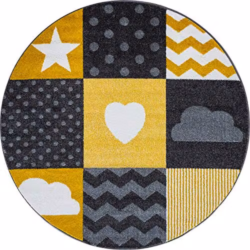 Bravich Yellow Checked Round Kids Rug for Bedroom and Playroom, Diameter: 160 cm