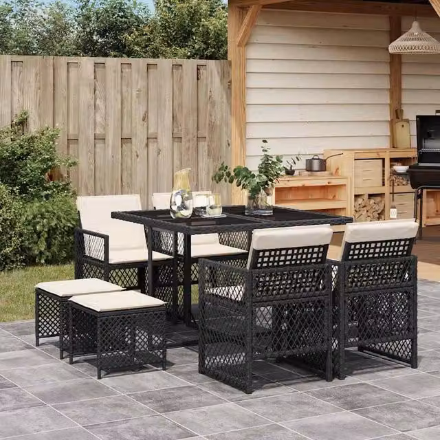 Berkfield Home 9 Piece Black Poly Rattan Garden Dining Set with Cushions and Glass Table