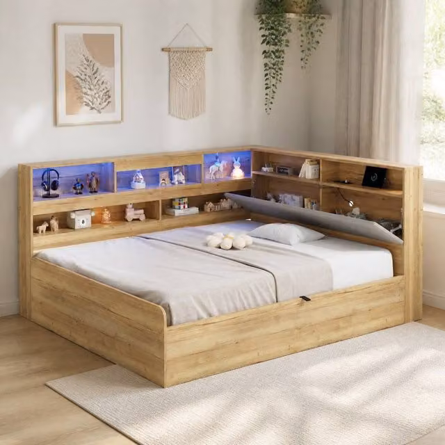 STILVORA Double Bed Frame with Lift Up Storage, USB Charging Port and LED Underbed Lighting in Beige