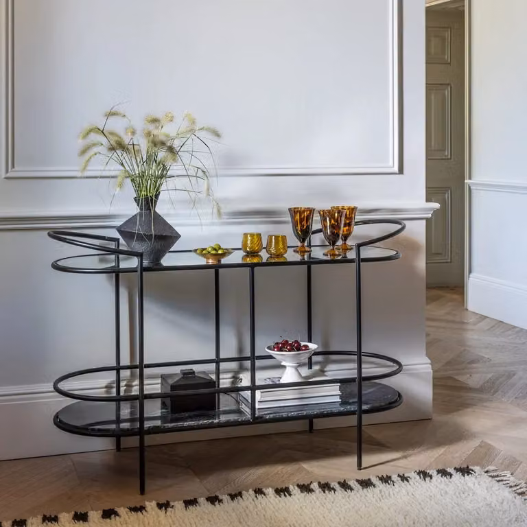 Atkin & Thyme Harper Art Deco Marble and Mirror Console Table in Black