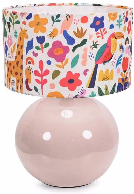 ValueLights Bosco Stone Table Lamp with Yellow and Multicolour Jungle Shade
