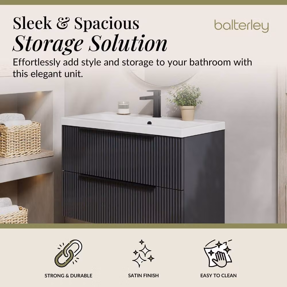 Balterley Fluted Front Wall Hung 2 Drawer Vanity Basin Unit, Dark Grey, W: 80 cm – 2