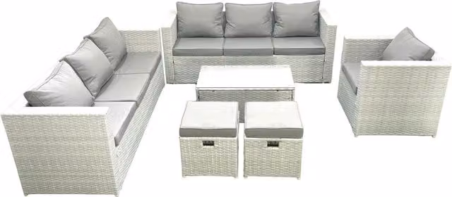 Fimous Wicker PE Rattan Garden Furniture Set in Light Grey with Armchair, Oblong Coffee Table and 2 Small Footstools