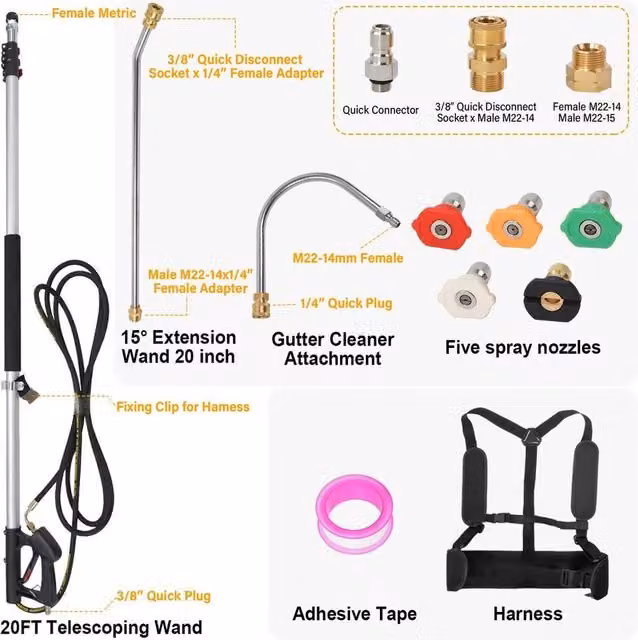 KORVIXA Telescopic Extendable Pressure Washer Wand Pole in Silver and Multicolour Aluminium