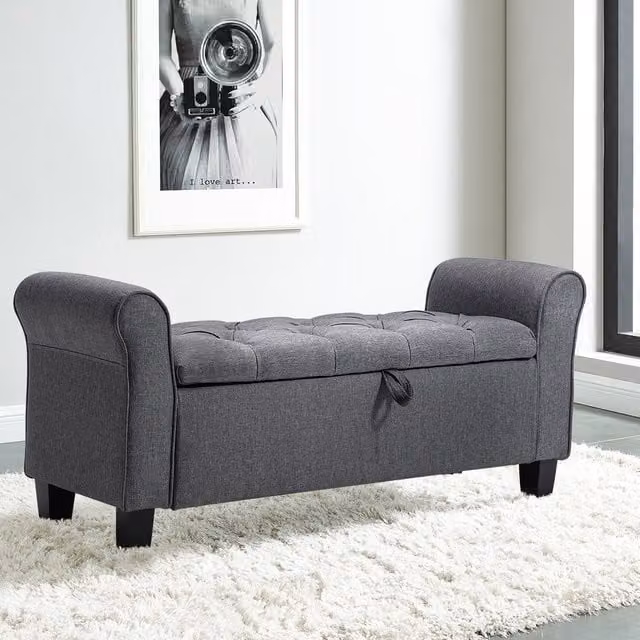 Livingandhome Chesterfield Button Tufted Linen Storage Ottoman Bench with Rolled Arms in Grey