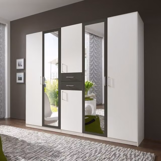 Tjs Diver White 5 Door Wardrobe with Mirror and Internal Shelving