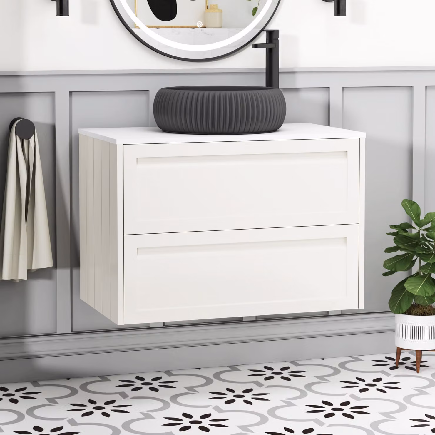 Royal Bathrooms Elmore 800mm Wall Hung Vanity Unit in Classic White with 2 Drawers and Milan Black Basin