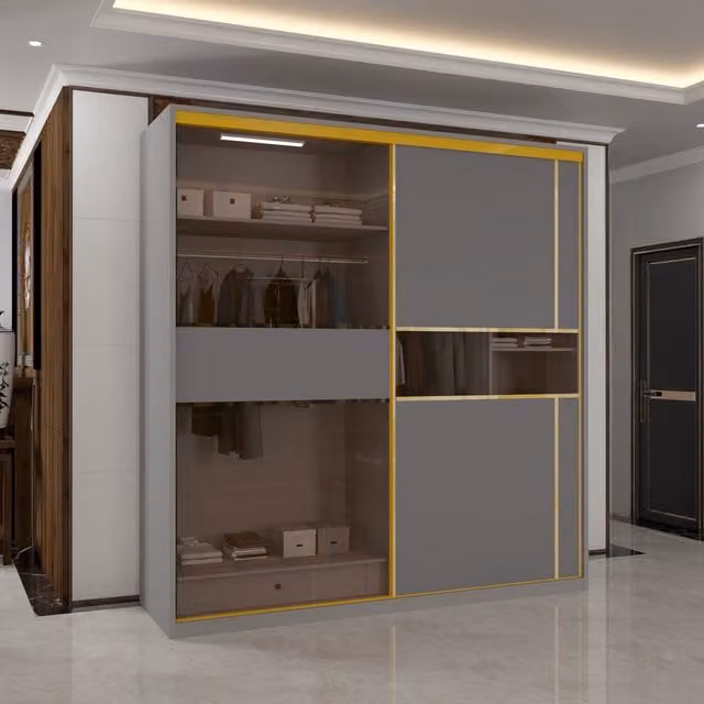 Sliding Wardrobes 4U Modern Grey Sliding Wardrobe with Glass Doors and Integrated LED Lighting – 1