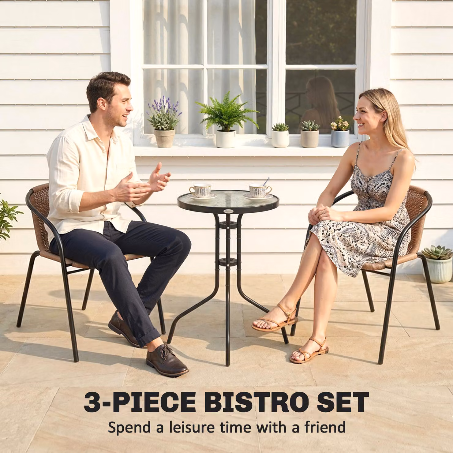 Outsunny 3 Piece Brown Rattan Bistro Set with Round Glass Top Table and Chairs – 3