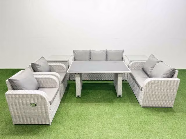 Fimous 7 Seater Modern Garden Furniture Set with 2 Side Tables in Light Grey
