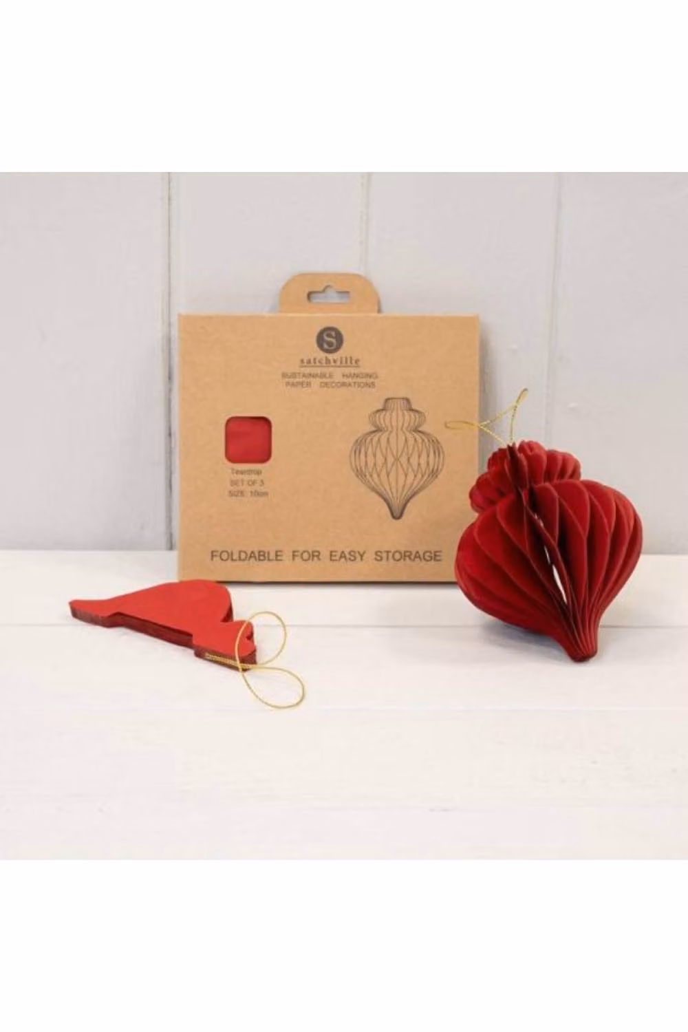 KDMD Set of 3 Red Teardrop Paper Christmas Baubles – 2