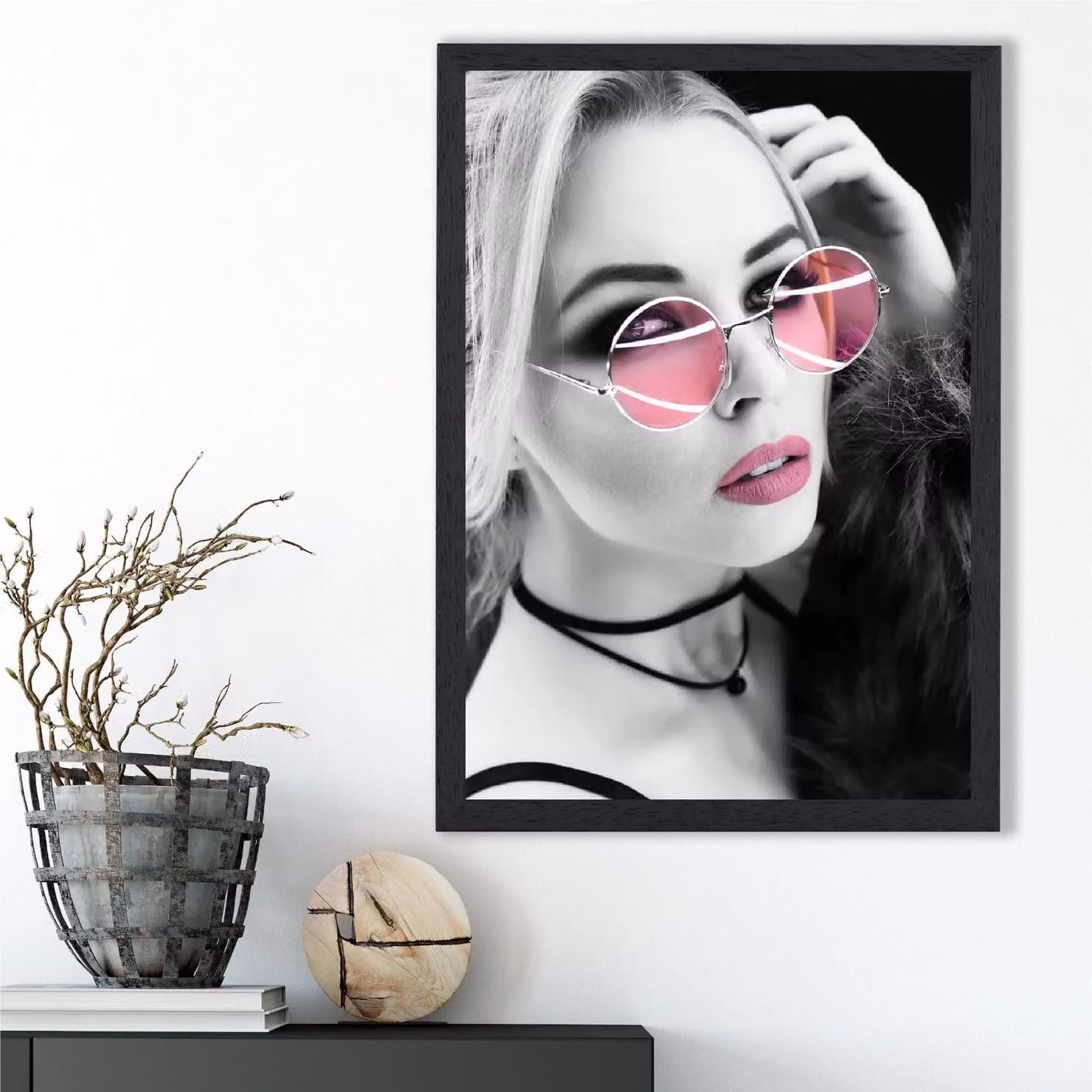 ARTZE Girl with Pink Sunglasses Black and White Framed Photo Print in Black Frame, A2 – 2