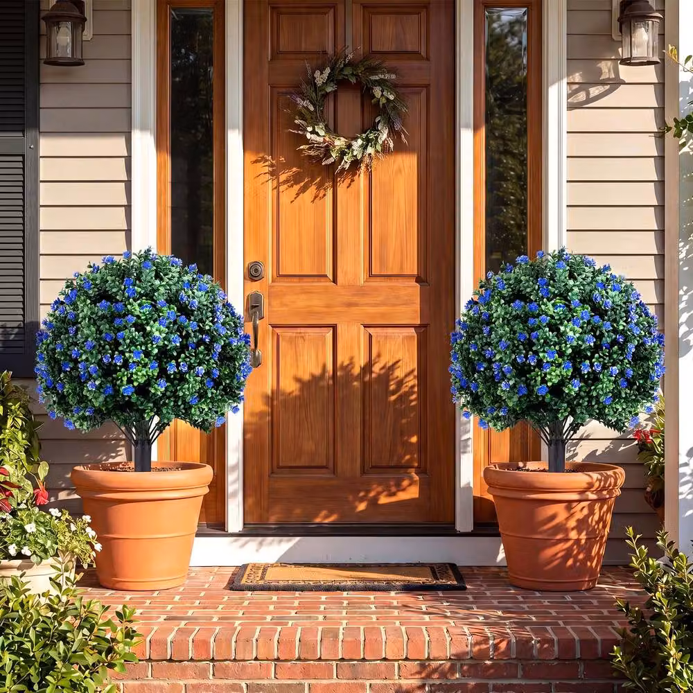 Costway 2-Piece Artificial Camellia and Boxwood Topiary Ball Trees in Green, Purple and Multicolour – 3