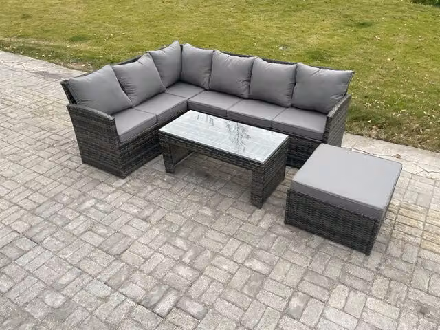 Fimous 7 Seater Rattan Garden Furniture Set in Dark Grey with Corner Sofa, Oblong Coffee Table and Ottoman