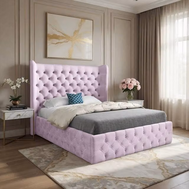 KDMD Ledbury Wide Winged Upholstered Designer Bed Frame in Pink Soft Velvet, Size: Super King, W/D/H: 220 x 200 x 137 cm