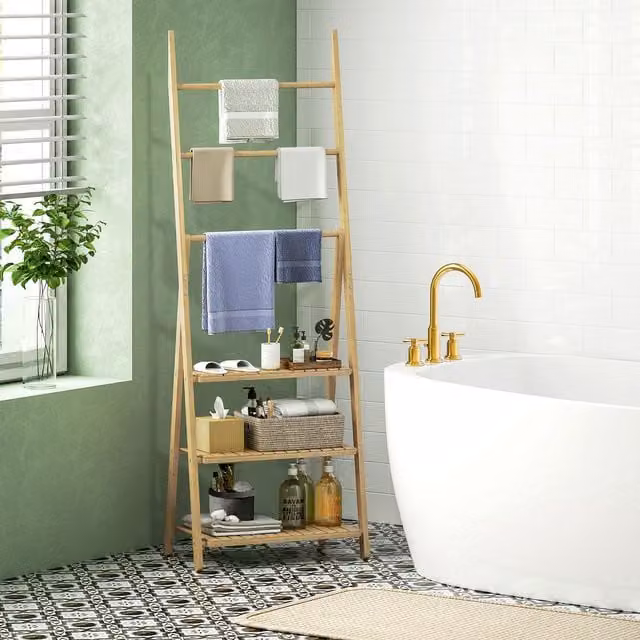 HOMCOM 3-Tier Folding Bamboo Bathroom Storage Ladder Shelf in Natural – 1