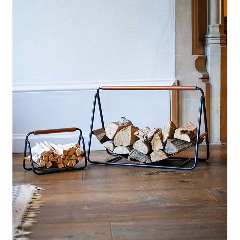 Lemon Pavilion Hanging Leather Log Holder in Black Iron, W: 60 cm, D: 26.5 cm, H: 40 cm – 3