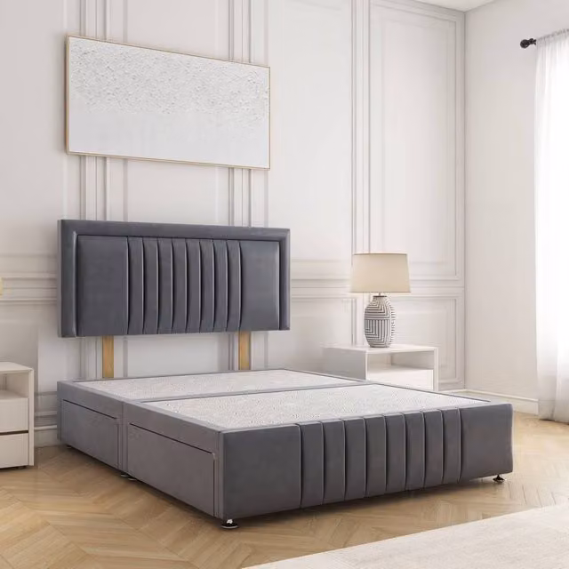 BSSPOKE Lily Super King Plush Velvet Divan Bed with 24 inch Headboard in Grey, W/D/H: 200 x 200 cm