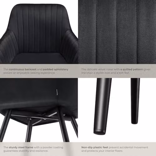 tectake Dining Chair with Quilted Velvet-Look Cover and Armrests in Black – 6