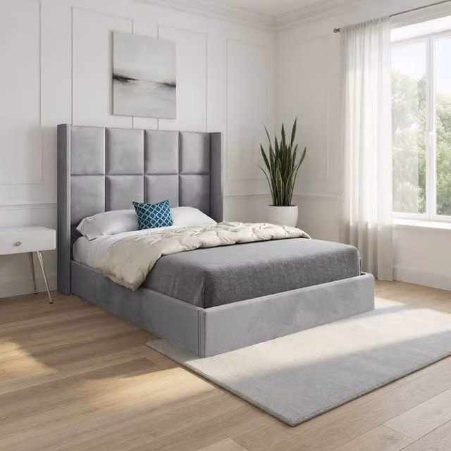 KDMD Stafford Winged Upholstered Designer Bed Frame in Grey Soft Velvet, W/D/H: 200 x 137 x 189 cm – 1