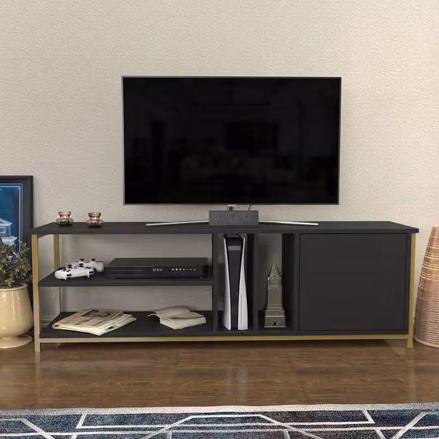 Oneida Minimalist Metal TV Unit in Black and Gold Matt Finish