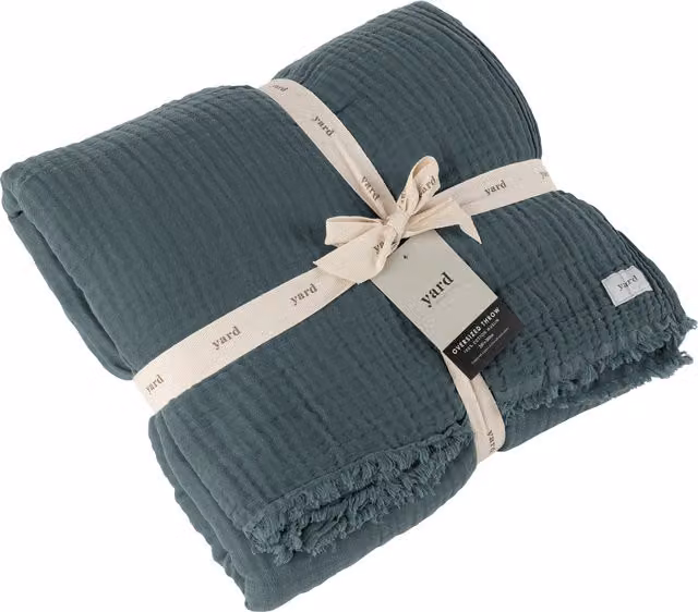 Lark Muslin Cotton Throw in Blue with Fringes, Width: 260 cm