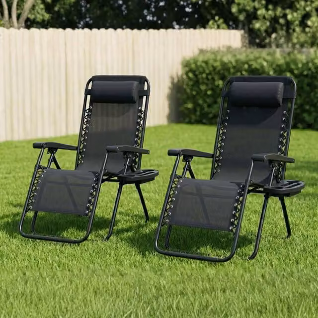 NESTLUNE Set of 2 Reclining Outdoor Garden Sun Loungers in Black with Adjustable Headrests and Cup Holders