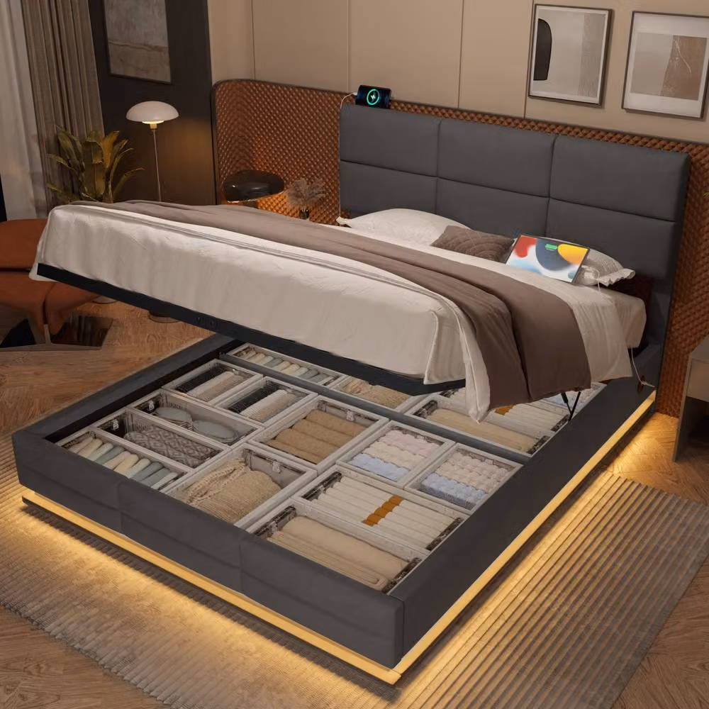 Matteo Modern Double Velvet Upholstered Bed Frame with LED Lighting, USB Charging Port and Lift-Up Storage in Grey, W 140 cm x L 200 cm – 3