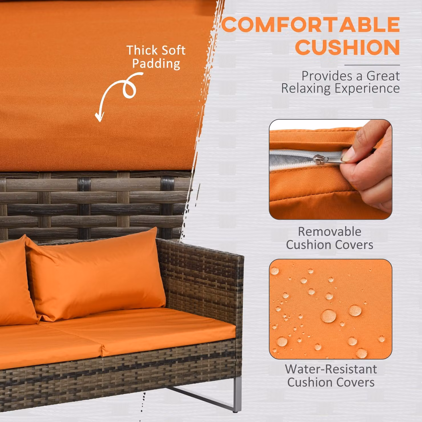 Outsunny 4-Piece Rattan Wicker Patio Furniture Set with Corner Sofa, Love Seat, Table and Orange Cushions – 6