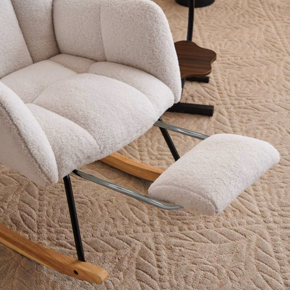 Direct Wicker Ivory Teddy Bouclé Fabric Tufted Upholstered Rocking Chair with Foldable Footrest – 3