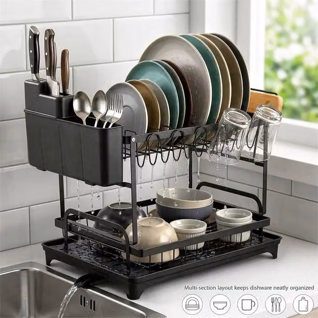 Nordara 2 Tier Black Metal Cutlery Holder and Drip Tray Rack