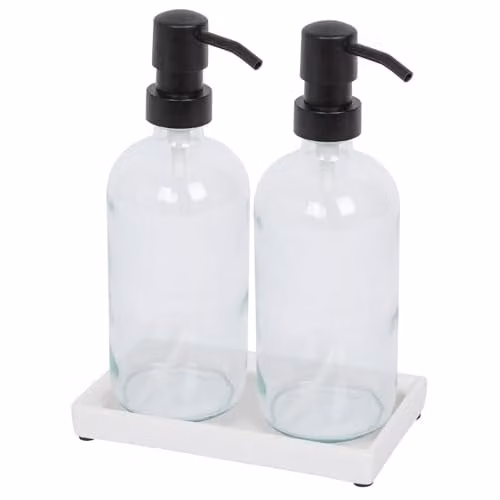 Harbour Housewares 2 Piece Glass Soap Dispenser Set with Ceramic Tray, Transparent and Black, 500ml Refillable Bottles with Pumps