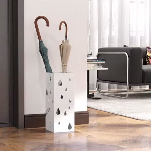 HOMCOM Metal Umbrella Stand with 4 Hooks and Removable Drip Tray, White – 6