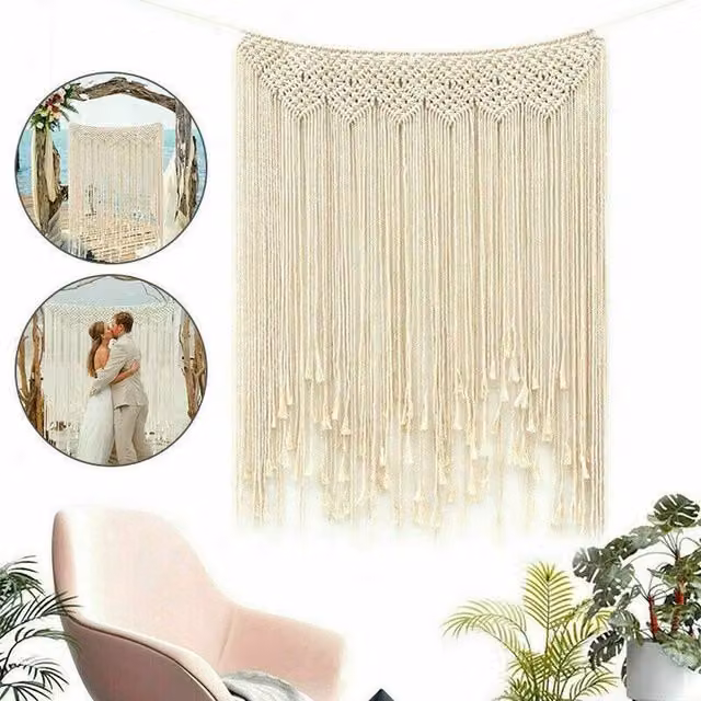 NESTLUNE Large Boho Macrame Woven Wall Hanging Tapestry in Beige, W: 100 cm, H: 15 cm