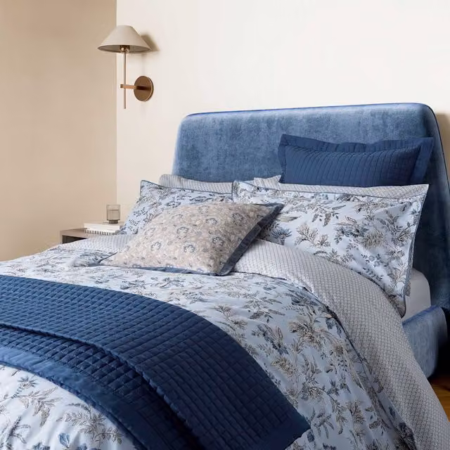 Bedeck of Belfast Lorelei Single Duvet Cover Set, Blue Floral Cotton Percale, Reversible