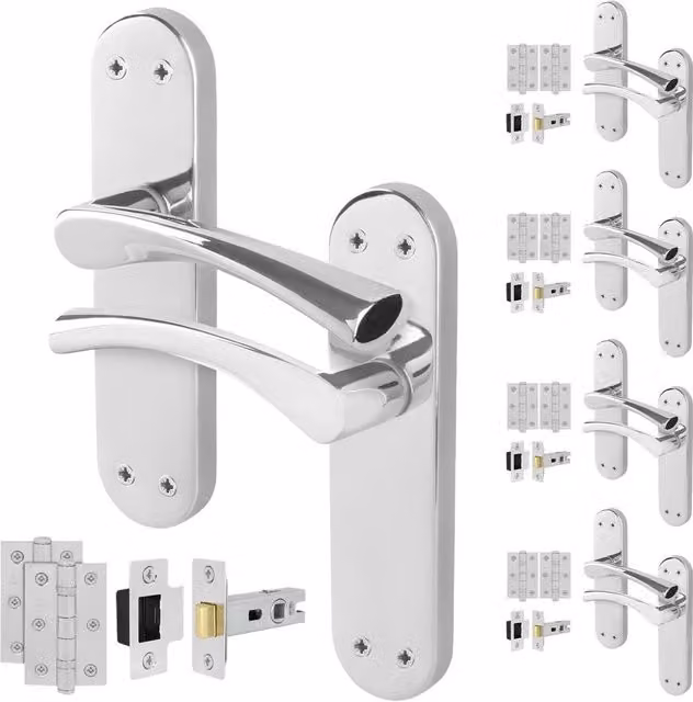 AFIT Chrome Twist Handle Latch Hinges Set with Novi Backplate, Metallic Silver, 5 Pairs, 15 x 15 cm
