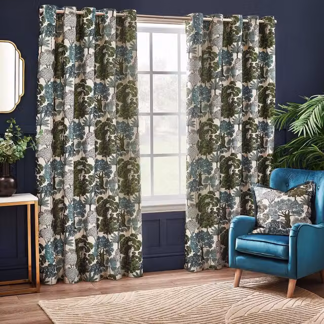 Terrys Nature Woodlands Floral Jacquard Opaque Eyelet Curtains, Green
