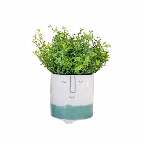 KitchenCraft Round Ceramic Tabletop Planter in White and Green with Dotted Modern Design