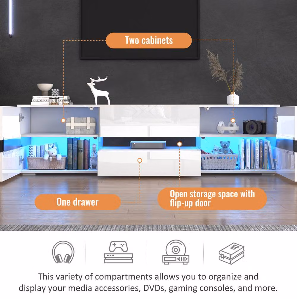 STILVORA Modern White Glossy TV Stand with LED Lights and Storage, Width: 160 cm – 4