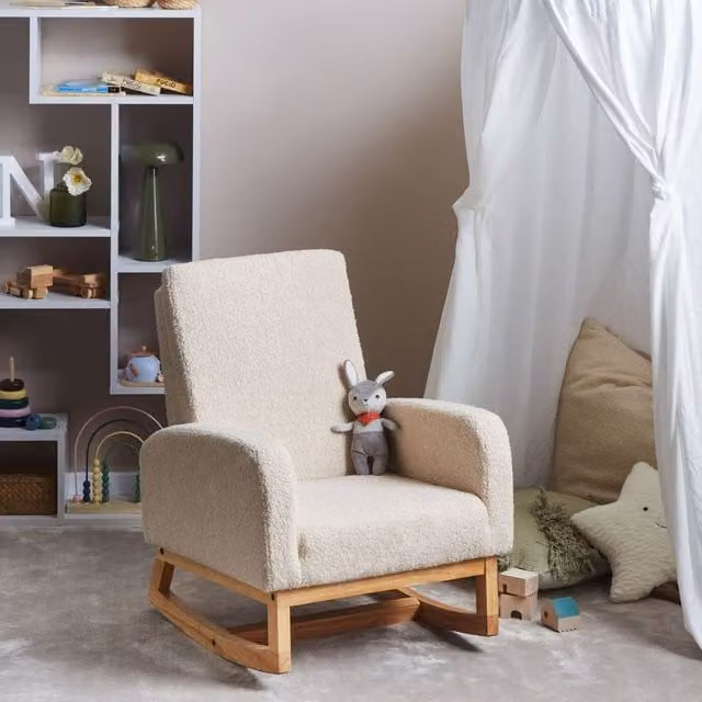 Wyld Haus Kids Highback Rocking Chair in Light Beige Bouclé with Rubberwood Frame – 1