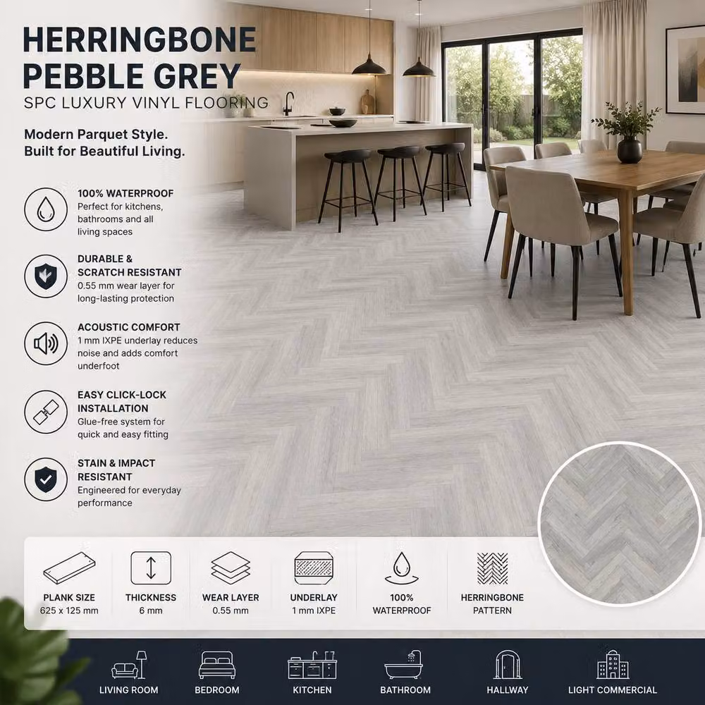 ENER-J Britwall Herringbone Pebble Grey SPC Luxury Vinyl Flooring, 1.72 m2, Pack of 20, W/D/H: 62.5 x 12.5 x 0.6 cm – 3