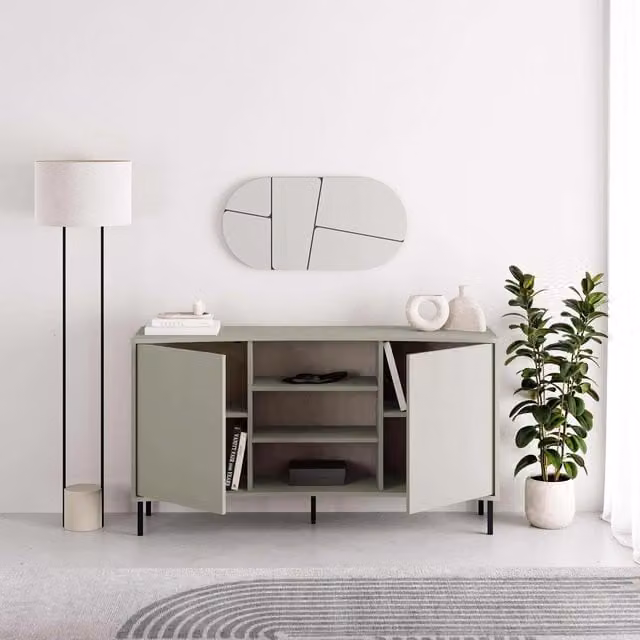 FWStyle Modern 2 Door Curved Sideboard in Ash Green and Black with Matt Metal Finish, W: 150 cm, H: 81 cm, D: 40 cm – 1