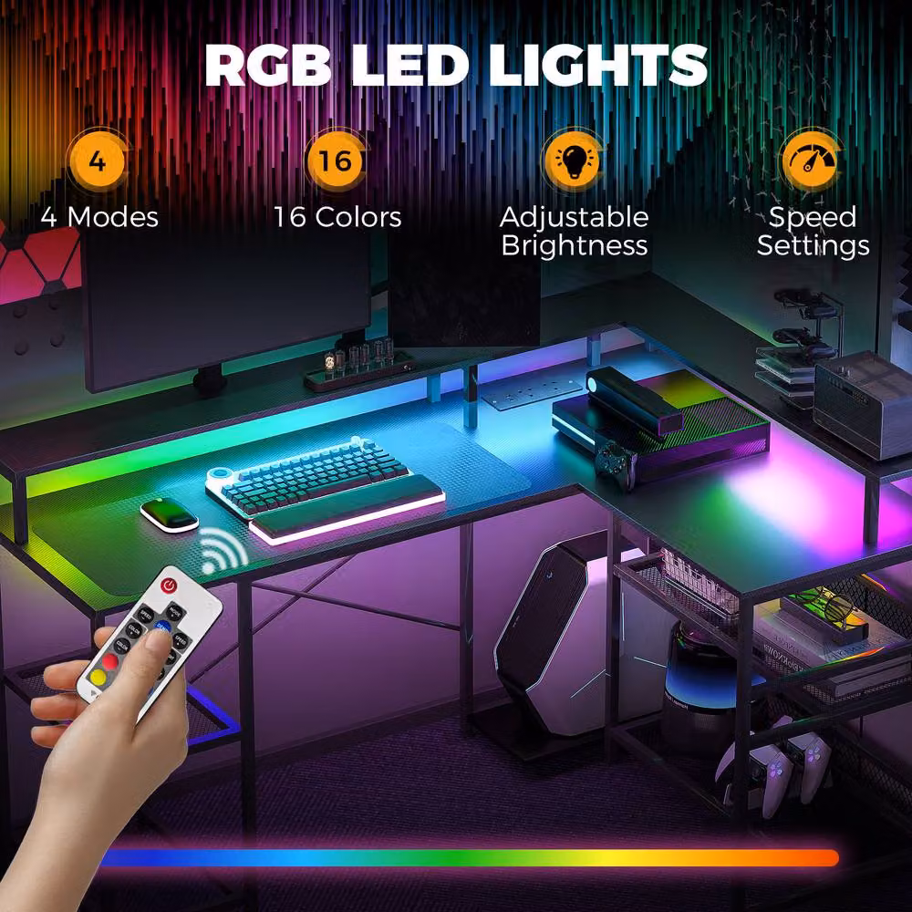 HOMCOM L-Shaped Gaming Desk with LED Lights and Power Outlets in Black – 3