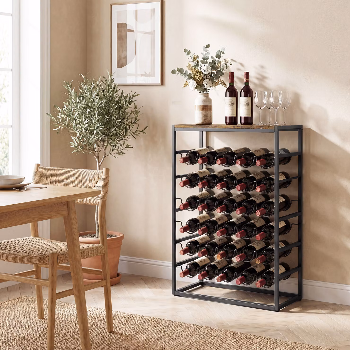 HOMCOM 6 Tier Freestanding Wine Rack for 30 Bottles with Wood Effect Tabletop in Rustic Brown and Black – 8