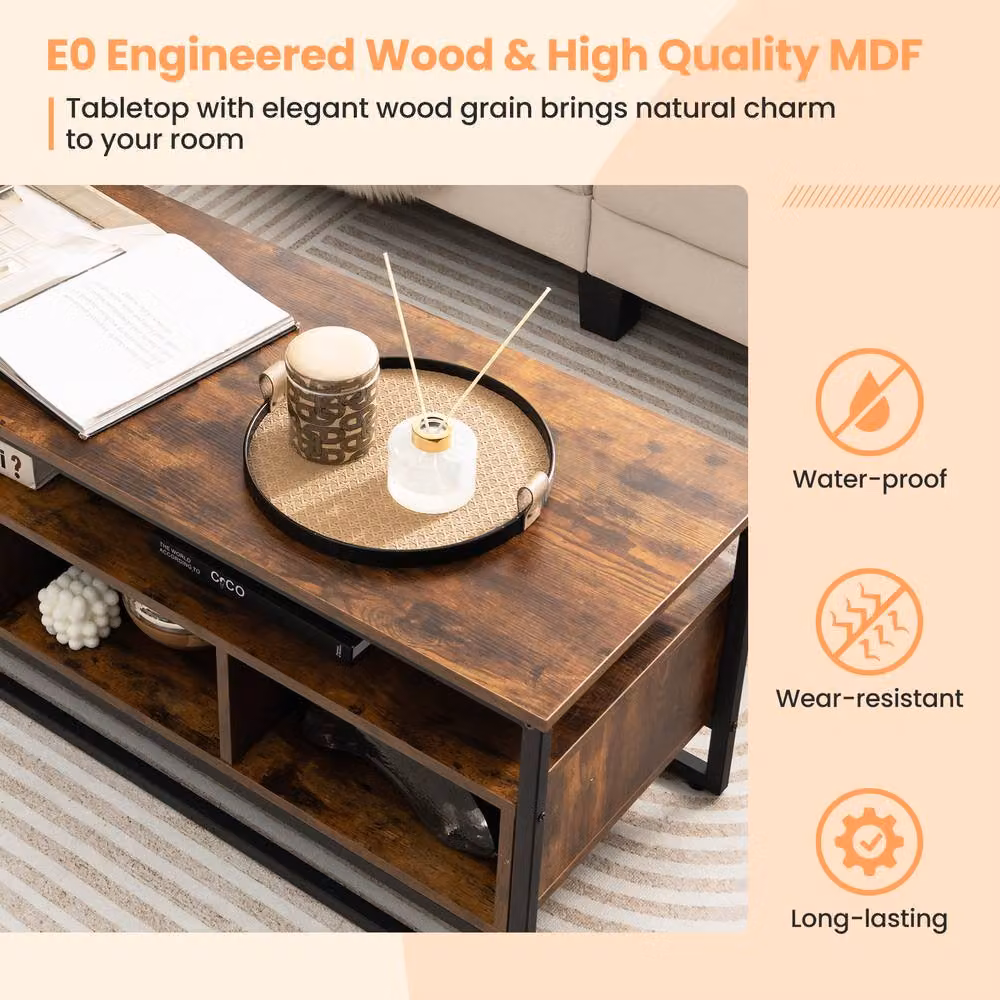 Gymax Industrial Coffee Table and TV Stand with 3 Cubbies, Brown Wood and Metal Frame – 7