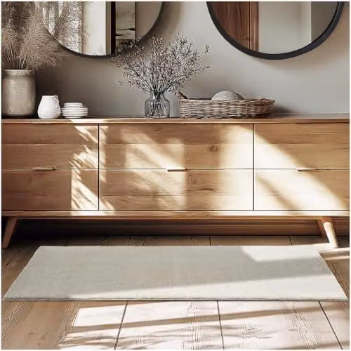tectake Fluffy Short-Pile Rug in Sand, Allergy-Friendly and Washable with Non-Slip Underside, W/D: 80 x 150 cm – 1